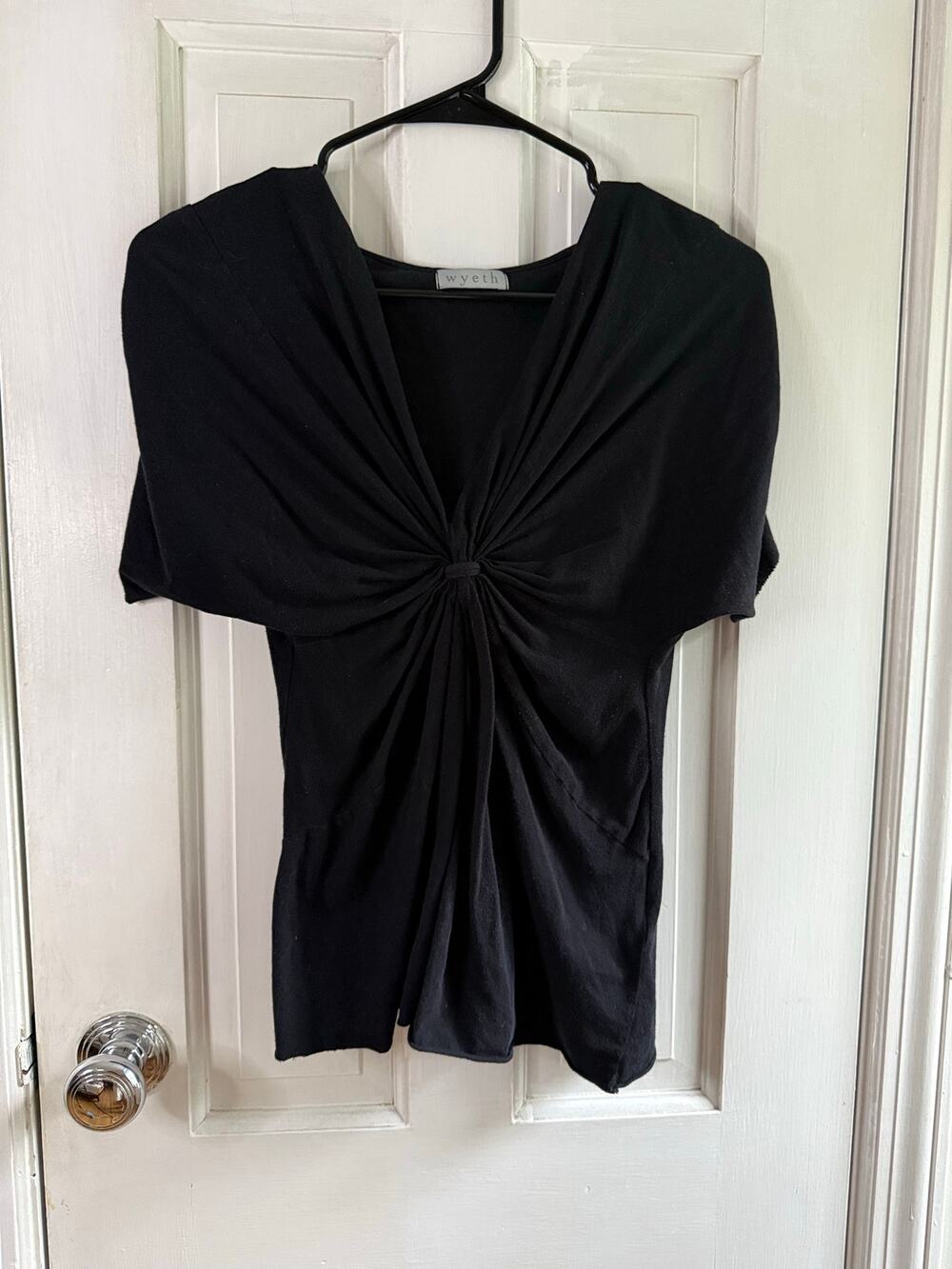 Wyeth Women's Size S Black Knot Twist Front Draped Knit Blouse Top EUC